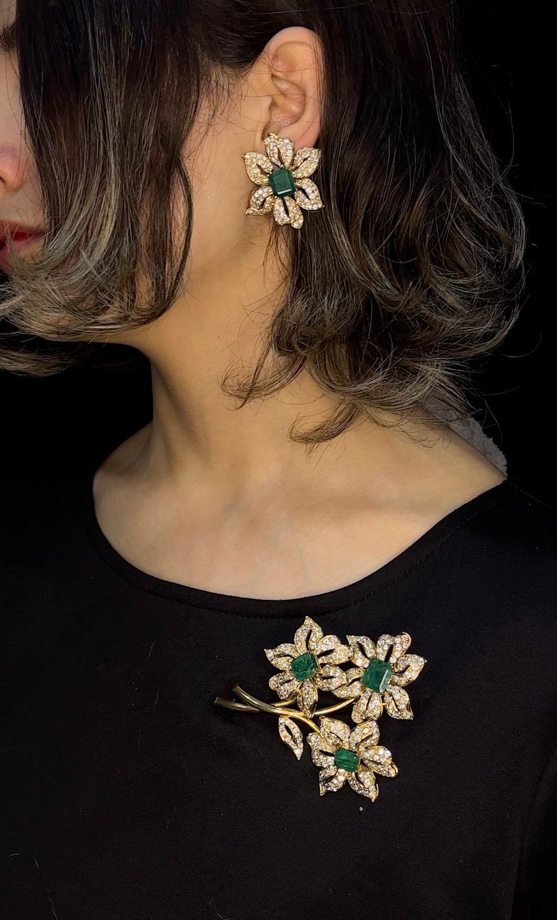 Prendedor aretes esmeraldas oro 18kts